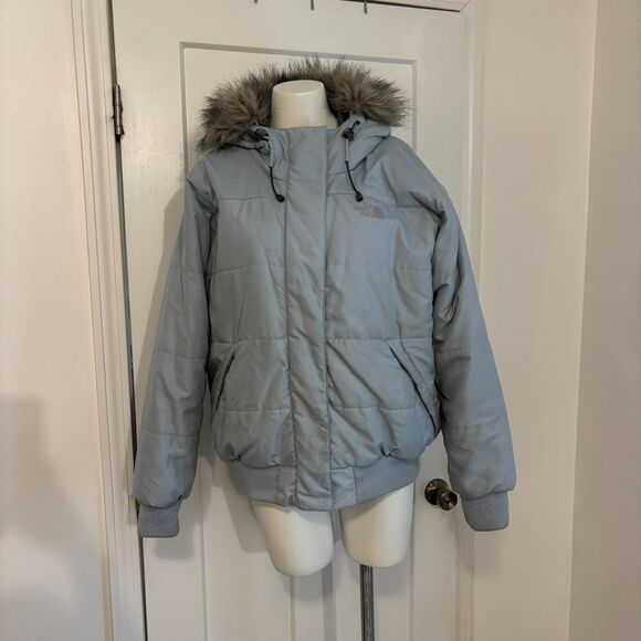 The North Face size Large Fur Trimmed Hood Light Ice Blue Cropped Puffer Coat - Picture 1 of 12